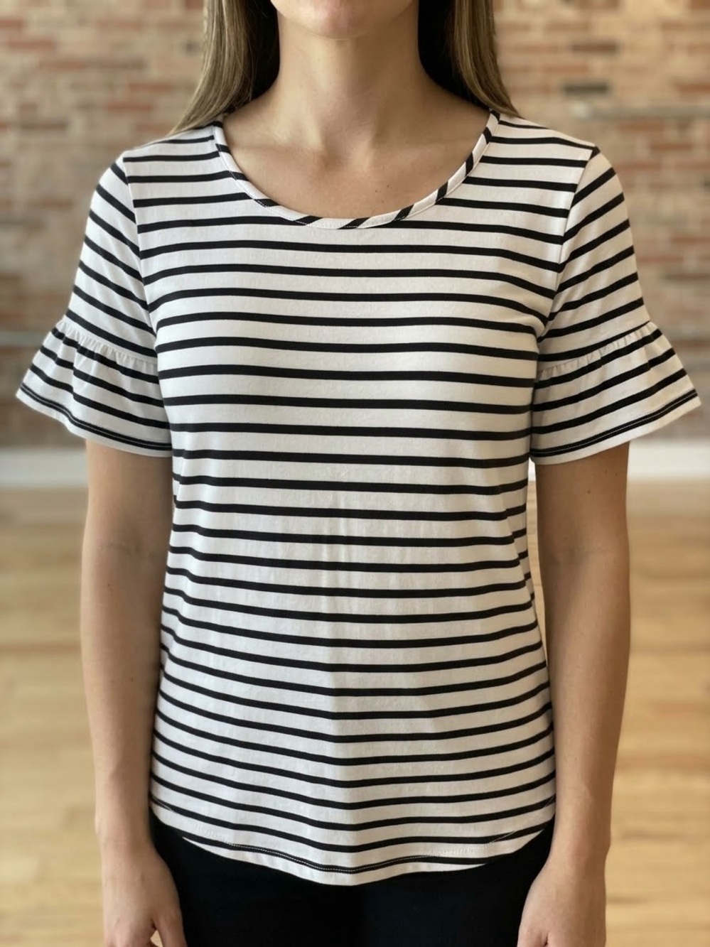 Green Envelope Black & White Striped Women’s Tee - Classic Crewneck